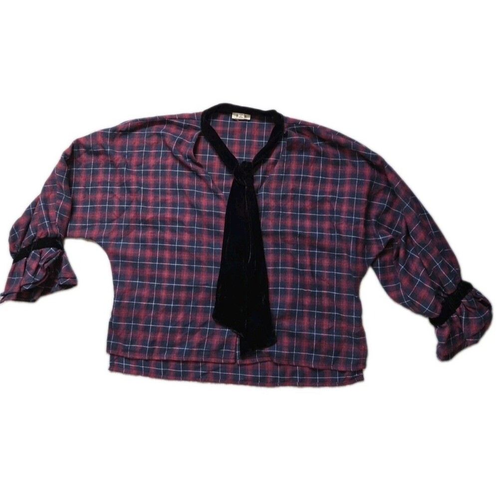 POL Red Black Plaid Flannel Velvet Tie Neck Bell Sleeve Blouse Top Size L EUC